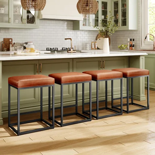 Miniatura 8 de MAISON ARTS - Juego de 3 taburetes de bar de altura para encimera de cocina de 24 pulgadas sin respaldo, modernos taburetes de bar tapizados de piel
