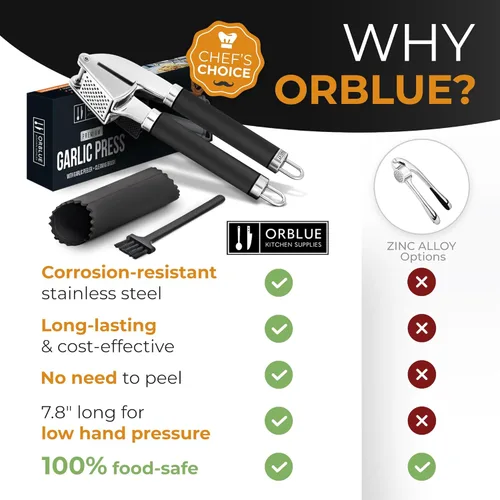 Miniatura 7 de Orblue - Prensa de ajo de acero inoxidable - Juego de picadora, trituradora y pelador de grado profesional premium - Fácil de limpiar, apto