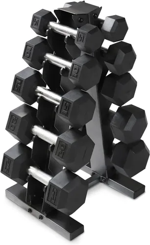 WF Athletic Supply - Juego de mancuernas hexagonales con revestimiento de goma y peso de 5 a 25 libras, incluye un soporte de almacenamiento