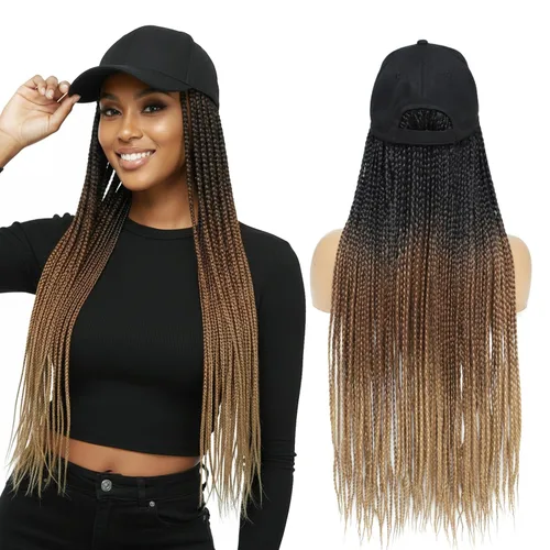 Miniatura 21 de Gorra con peluca para mujeres con gorra de béisbol y cabello trenzado adjunto, peluca de trenzas negras sintéticas, gorra ajustable con trenzas