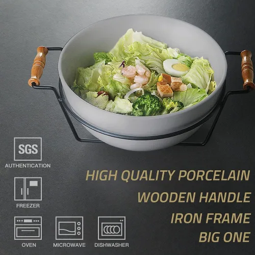 Miniatura 3 de Sweejar Cuenco de porcelana de 2.8 cuartos para ensalada y palomitas de maíz, cuenco grande de 9 pulgadas con soporte, sirve para fiesta familiar