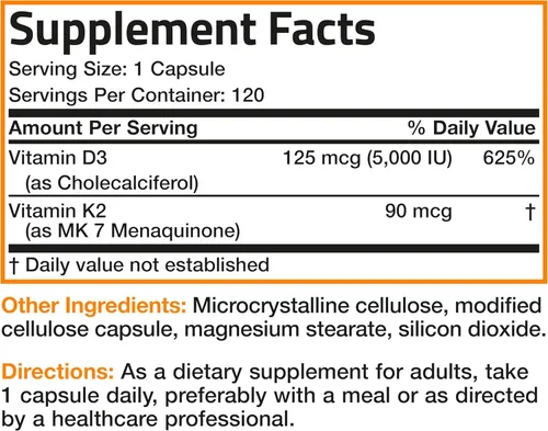 Miniatura 8 de Bronson Vitamina K2 (MK7) con suplemento D3 Fórmula no OGM 5000 UI de vitamina D3 y 90 mcg de K2 MK-7 Fácil de tragar Complejo de vitamina D y K