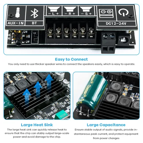 Miniatura 4 de ZK-TB21 Amplificador de Subwoofer de 2.1 Canales Bluetooth 5.0 50W+50W+100W Placa de Amplificador TPA3116D2 Control de Aguda y Baja Estéreo