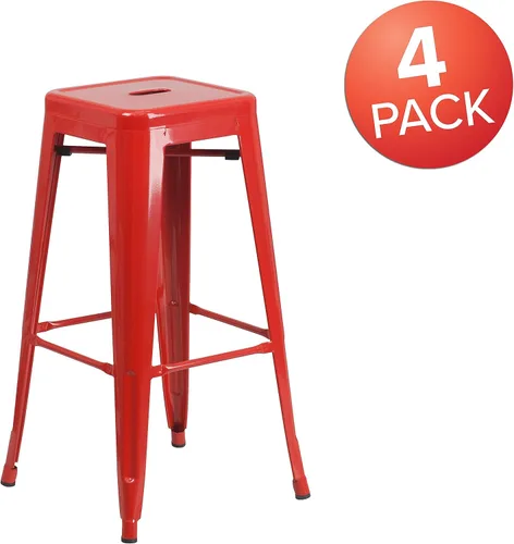 Miniatura 4 de Flash Furniture Lily - Juego de 4 taburetes de bar de metal rojo sin respaldo de 30 pulgadas de alto grado comercial para interiores y exteriores