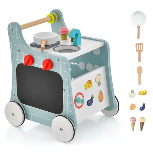 BABY JOY Andador de madera 6 en 1, juego de cocina para niños pequeños, centro de actividades de aprendizaje para caminar sentado y de pie, juguete