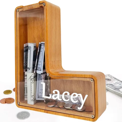 Miniatura 87 de Alcancía para niños y niñas, alcancía grande de madera personalizada con diseño recortado, bancos de monedas con letras del alfabeto, caja de ahorro