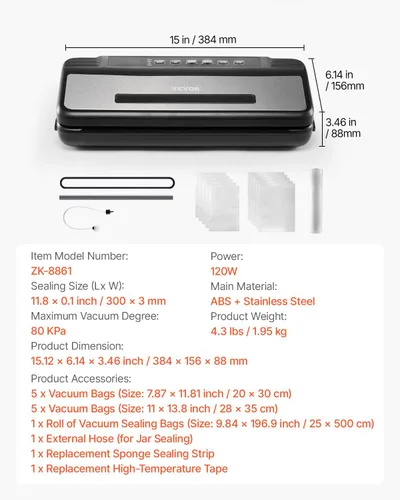 Miniatura 7 de VEVOR Máquina selladora al vacío, 80 Kpa 120 W, potente sellador de alimentos compacto, sellador al vacío de alimentos multifuncional 7 en 1