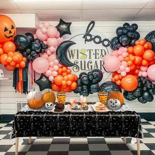 Miniatura 6 de 3 manteles desechables de Halloween con diseño de calavera y esqueleto, de plástico, color negro, rectangular, de vinilo, para decoración de fiestas