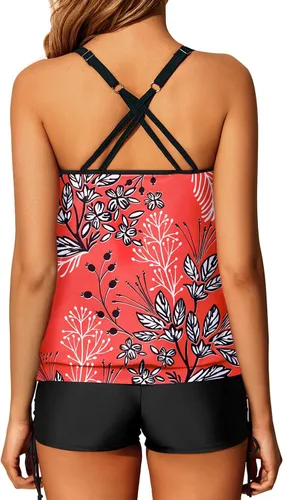 Miniatura 2 de Yonique Traje de baño tankini de dos piezas con tirantes delgados para mujer con pantalones cortos cruzados