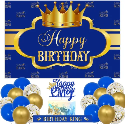 Miniatura 7 de Decoraciones de cumpleaños King para hombres, pancarta de fondo de fiesta de cumpleaños para niños, globos negros y dorados, decoraciones de feliz