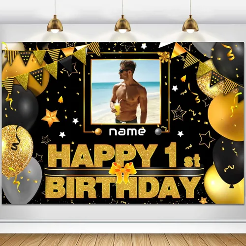 Miniatura 13 de Cartel decorativo personalizado de feliz cumpleaños número 100 - Personalización disponible - Negro y dorado - Tamaño grande - Admite fotos
