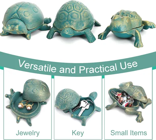 Miniatura 4 de WUWEOT Juego de 3 llaves para el exterior, de hierro fundido, tortuga, rana, mariquita, llaveros, caja secreta de joyería antigua, llaves ocultas