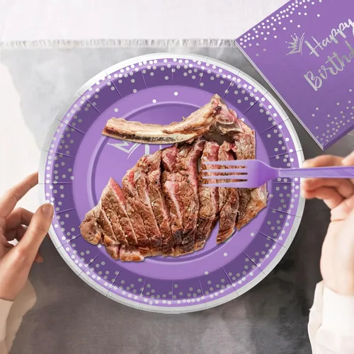 Miniatura 7 de Juego de 96 platos y servilletas de cumpleaños morados y plateados con decoraciones de fiesta de feliz cumpleaños, platos de papel, servilletas