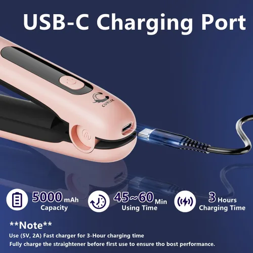 Miniatura 4 de Alisador y rizador de pelo inalámbrico 2 en 1, incluye bolsa de transporte, mini alisador de pelo de viaje con pantalla LCD, carga USB-C, 4 modos