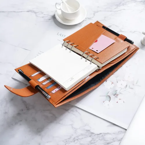 Miniatura 5 de Moterm Planificador de anillos de lujo para todo el personal – Organizador de carpeta de cuero genuino (naranja quemado, anillo de 1.181 in)