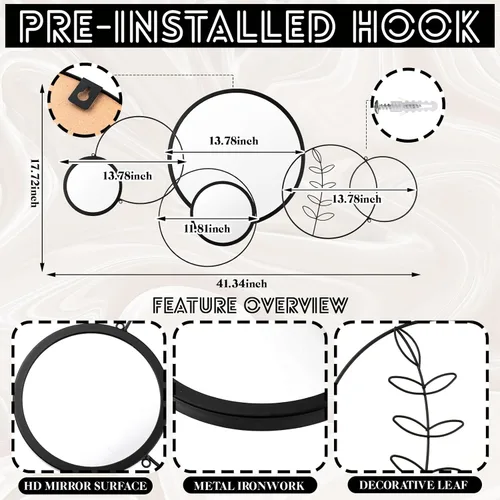 Miniatura 4 de Hicarer Juego de 4 piezas de decoración de espejo de pared redondo moderno de 41.34 x 17.72 pulgadas, espejos superpuestos de metal para decoración