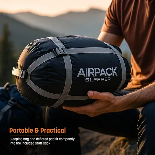 Miniatura 8 de Saco de dormir con almohadilla integrada (AirPack Sleeper) – Colchoneta inflable todo en uno y manta con cremallera para acampar con bomba de pie