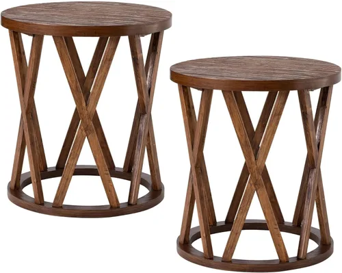 Miniatura 12 de COZAYH Mesa auxiliar de granja, mesa auxiliar redonda rústica con patas de motivos en X, parte superior texturizada de madera, para estilo bohemio