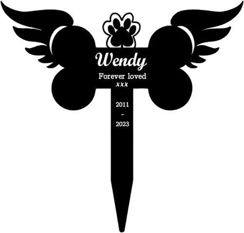 Miniatura 2 de Marcador de metal para tumbas para mascotas, nombre personalizado, estaca de jardín, perro, conmemorativo, alas de ángel, marcador de tumba, hueso