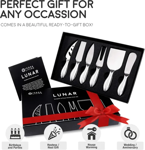 Miniatura 3 de Lunar - Juego de cuchillos de queso de 6 piezas, colección de cuchillos de queso de acero inoxidable de alta calidad, accesorios para tabla