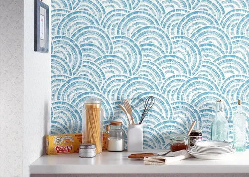 Miniatura 4 de Toduso Papel tapiz geométrico de 17.3 x 196.8 pulgadas, papel tapiz para despegar y pegar, papel de pared de círculo azul blanco y azul, papel
