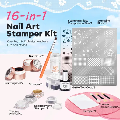 Miniatura 5 de Modelones Kit de estampado de uñas a cuadros de 16 piezas, sello de punta francesa, esmalte de gel de pintura blanca y negra, a prueba de polvo