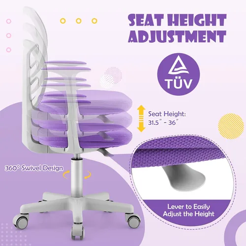 Miniatura 4 de GLACER Silla de escritorio para niños, silla de estudio giratoria de malla ajustable con ruedas, brazos, silla ergonómica para computadora