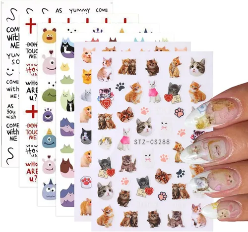 Miniatura 2 de 6 hojas de calcomanías de arte de uñas de animales autoadhesivas 3D, diseño de letras de gato, divertidas calcomanías de uñas para primavera