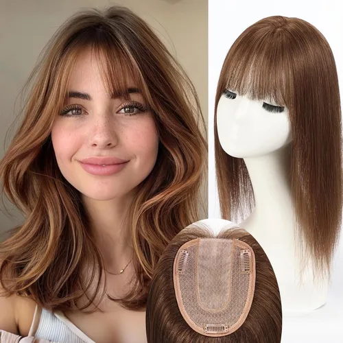 Miniatura 24 de HAIRCUBE Pelucas de cabello humano 100% con flequillo, densidad 150%, base de seda, clip en la parte superior, pelucas de cabello superior