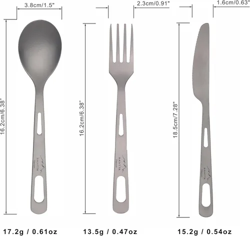 Miniatura 6 de SANTTA Utensilios de campamento de titanio, juego de 3 piezas, cuchara y tenedor, juego de cubiertos con bolsa y mosquetón para acampar al aire