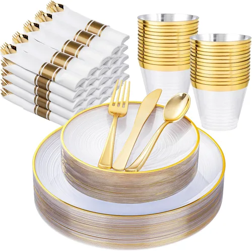 Miniatura 19 de Morejoy 175 platos de plástico rojo, platos desechables rojos con borde dorado, juego de vajilla de plástico rojo y dorado incluye: 50 platos, 25