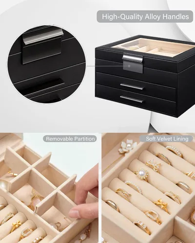 Miniatura 3 de Joyero con parte superior transparente, organizador grande de 3 capas para mujeres, aretes, anillos, collares, organizador de almacenamiento
