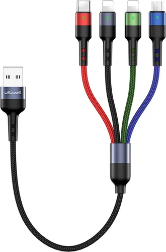 USAMS Paquete de 2 cables de carga múltiple de nailon trenzado corto de 1 pie, 4 en 1, con USB, cable de carga para teléfono con conector tipo C y
