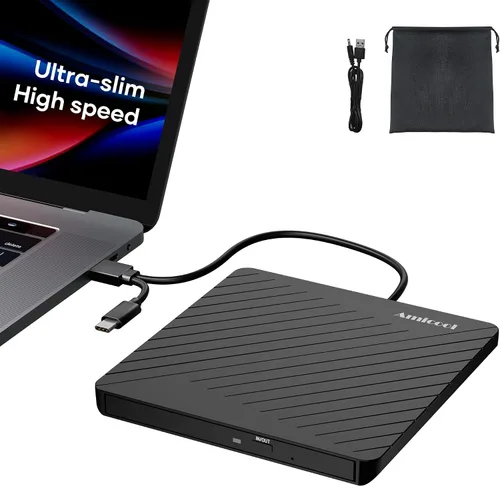 Amicool Grabador externo USB-C USB 3.0 CD/DVD +/-RW, lector de DVD portátil ultrafino para Mac iMac MacBook, Windows 11/10/8 Linux, computadora de