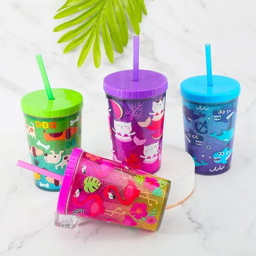 Miniatura 3 de Vaso de agua para niños de 14 onzas, paquete de 2 unidades, sin BPA, tapa con pajilla, reutilizable, ligero, a prueba de derrames, con bonito diseño