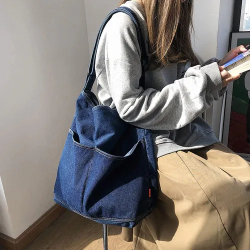 Miniatura 3 de ROUROU Bolso de hombro de mezclilla para mujer bolso de mano estilo hobo casual bolso cruzado retro bolso de gran capacidad