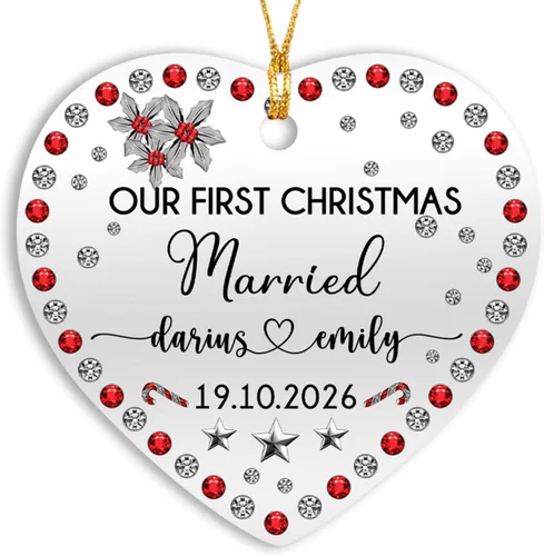 Adornos personalizados de corazón para la primera Navidad, regalos para pareja de recién casados 2025, adorno de nuestra primera Navidad casado