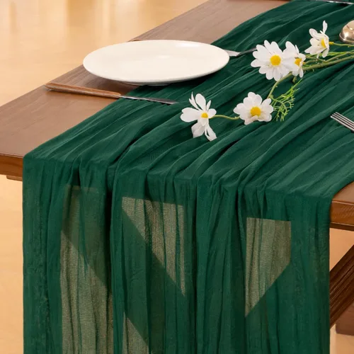 Miniatura 3 de Socomi Camino de mesa verde esmeralda para Primavera, Pascua, camino de mesa de gasa 170 pulgadas, gasa de 14 pies, gasa rústica bohemia