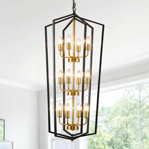 Miniatura 16 de WJShome 46 cm de diámetro Candelabro negro y dorado, lámpara de comedor estilo granja de 4 luces, lámparas modernas de vestíbulo, lámpara colgante