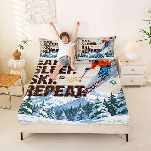 Miniatura 11 de Juego de ropa de cama de esquí, tamaño individual, con dibujos animados, esquí, esquí, snowboard, sábana bajera ajustable de 2 piezas con estampado