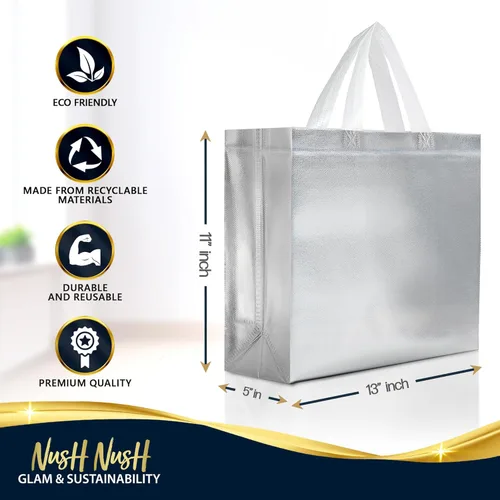 Miniatura 6 de Nush Nush Bolsas de regalo plateadas de gran tamaño – Juego de 15 bolsas de regalo plateadas reutilizables con asas blancas – Bolsa de regalo Plata