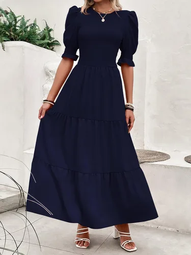 Miniatura 81 de BTFBM Vestidos para mujer, cuello redondo, casual, de verano, con volantes, manga corta, bohemio, con niveles, fruncido, largo, con estampado floral