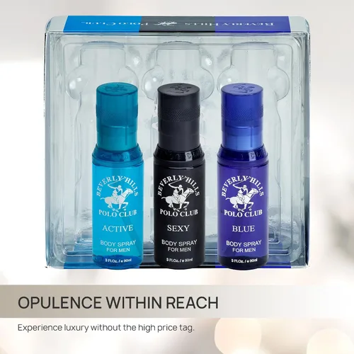 Miniatura 4 de Beverly Hills Polo Club Colección Signature Body Spray para hombre Juego de 3 piezas: azul, activo, sexy, fragancias versátiles para cada ocasión
