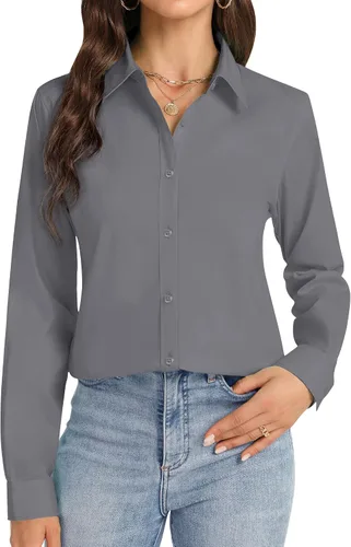 Miniatura 17 de Camisas con botones J.VER para mujer con cuello elástico y manga larga de algodón, camisa de vestir casual de negocios para el trabajo