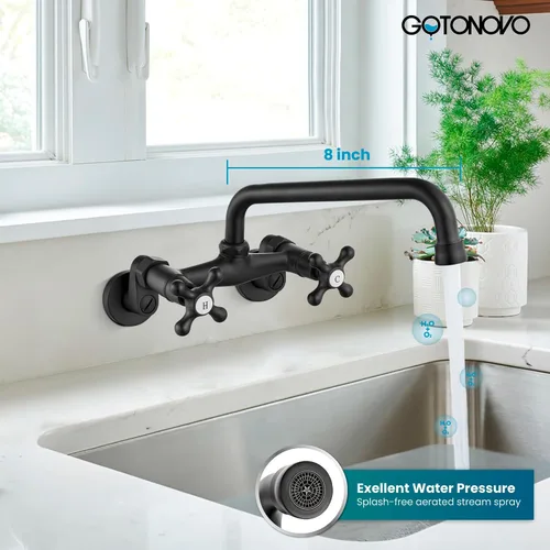 Miniatura 6 de gotonovo Grifo de fregadero de cocina de montaje en pared, grifo comercial de doble mango cruzado de 6 pulgadas, distancia de orificio central