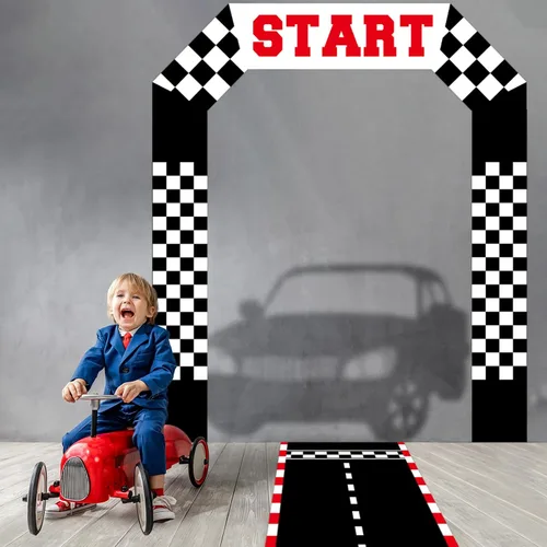 Miniatura 7 de Decoración de puerta de auto de carreras, pancarta de tela a cuadros para puerta de cumpleaños, tapete de pista de carreras para colgar