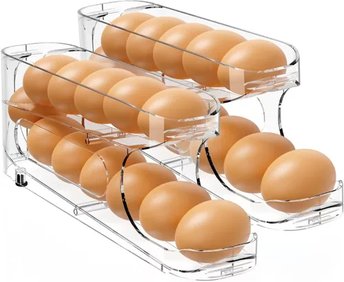 Miniatura 10 de Sotfamily Soporte para huevos para refrigerador, organizador de almacenamiento de huevos con ruedas automáticas para refrigerador, recipiente