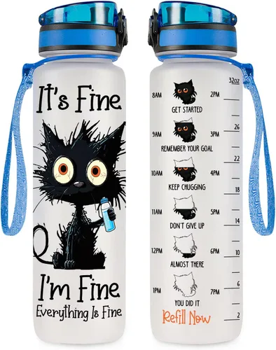 34HD Crazy Cat Botella de Agua 32 oz Plástico Tritan, Its Fine Everything Is Fine Botella de Agua, Regalos Divertidos de Cumpleaños Día de las