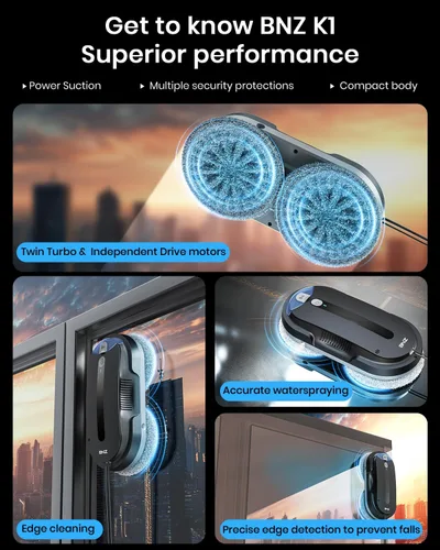 Miniatura 4 de BNZ Robot Limpiador de Ventanas Inteligente, Limpiador de Ventanas con Turbo Doble y Doble Espray Automático con Múltiple Sistema de Seguridad