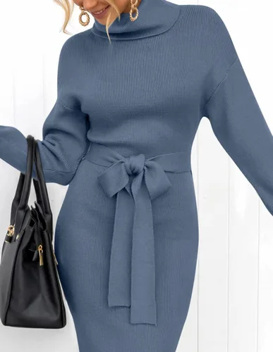 Miniatura 7 de ZESICA - Vestido por debajo de la rodilla de suéter, de cuello alto, para mujer, de manga larga, de punto acanalado, con abertura y cinturón